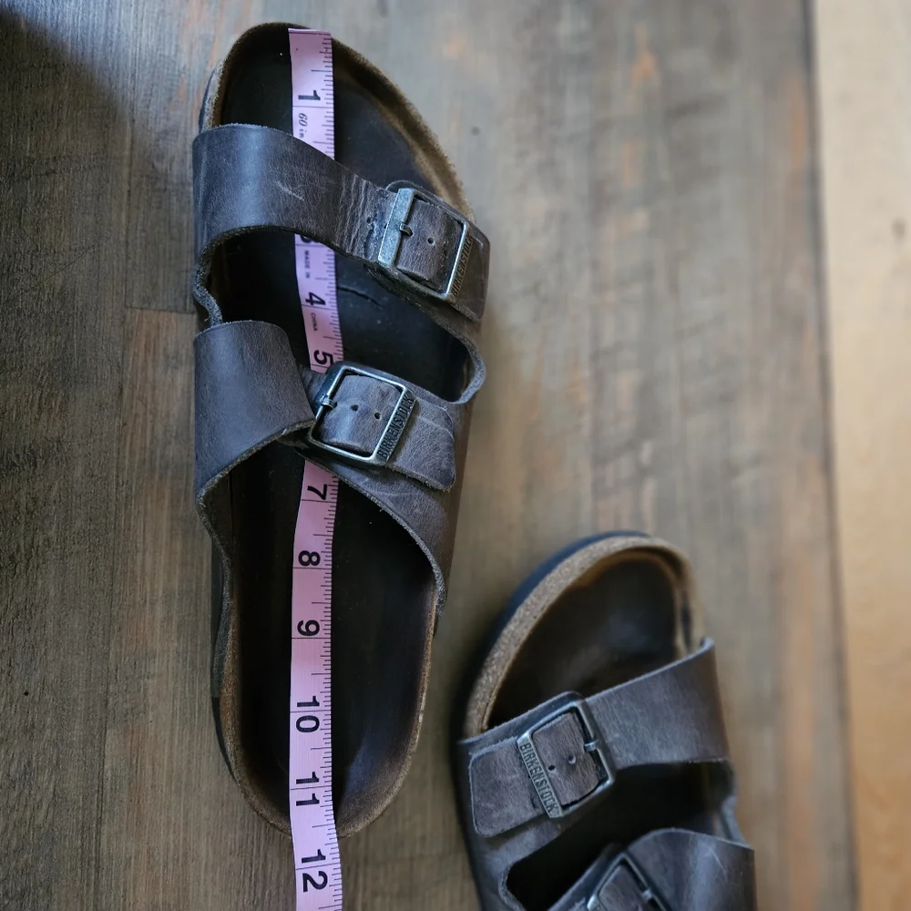 Birkenstock gray brown leather slippers slides sandals - Picture 14 of 16